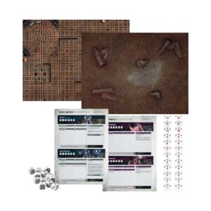 Terrain, datasheets, measuring tape and dices